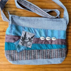 Handcrafted Striped Teal Patchwork Shoulder Bag with Shell Accents